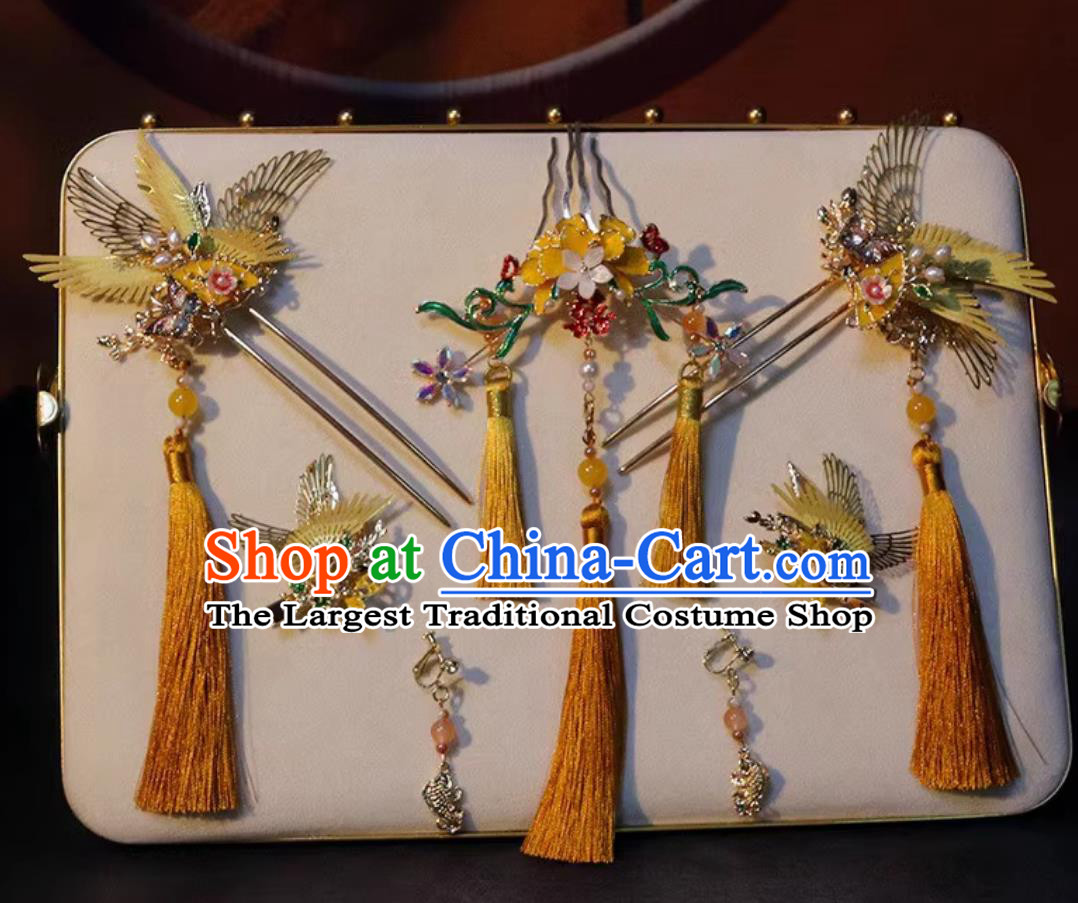 Top Bride Golden Hairpins Traditional China Wedding Hair Accessories Handmade Cheongsam Headpieces Complete Set