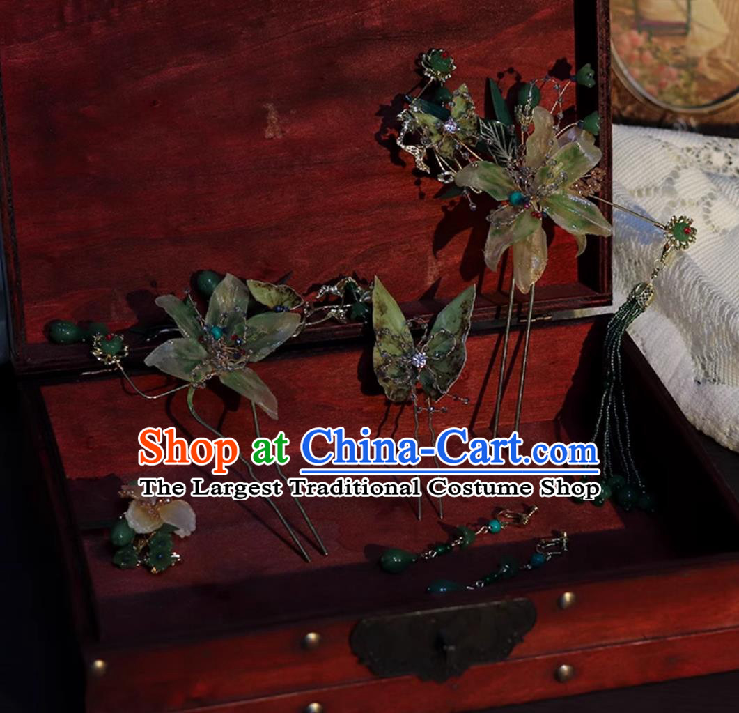 Handmade Cheongsam Headpieces Bride Green Jade Hairpins Traditional China Wedding Hair Accessories Complete Set