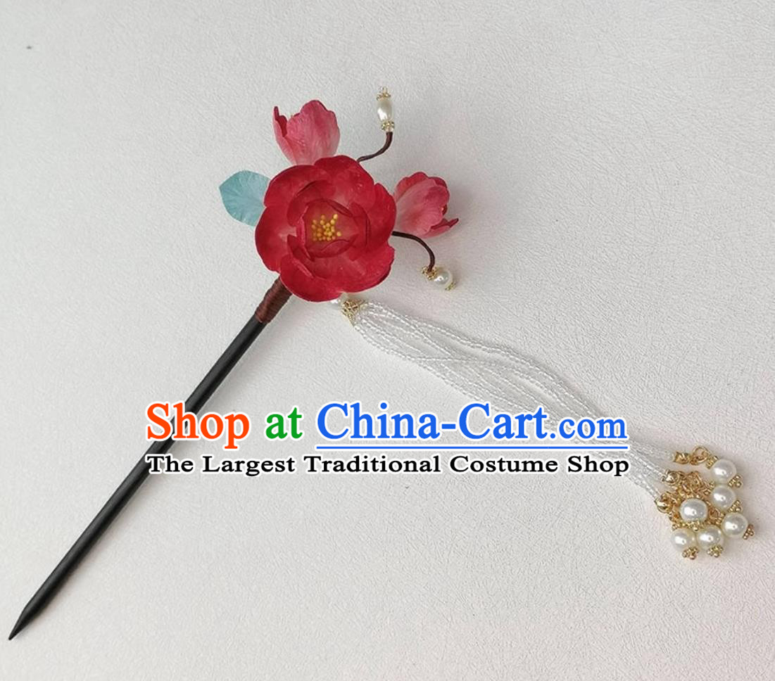 Traditional China Hair Accessories Handmade Hanfu Headpiece Intangible Cultural Heritage Red Silk Flower Hairpin