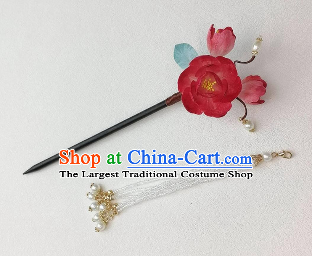 Traditional China Hair Accessories Handmade Hanfu Headpiece Intangible Cultural Heritage Red Silk Flower Hairpin