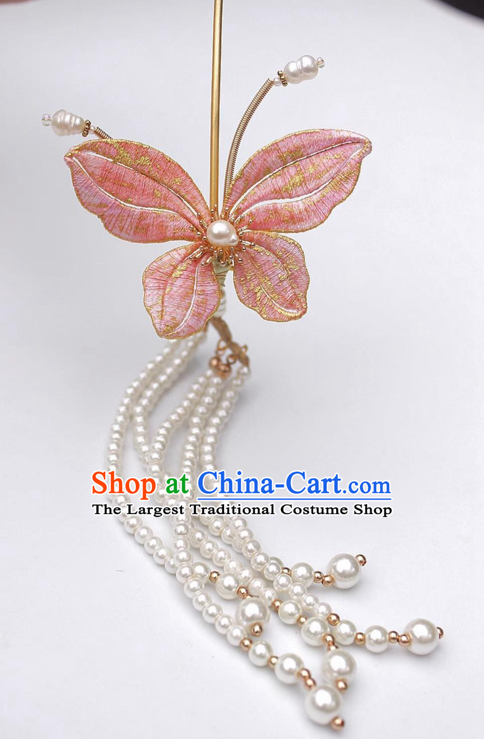 Handmade Pink Butterfly Tassel Hairpin China Cheongsam Hair Jewelry Traditional Hanfu Headpiece