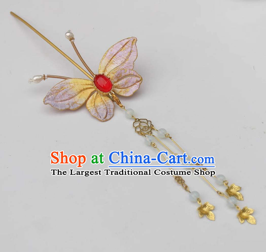 China Cheongsam Hair Jewelry Traditional Hanfu Headpiece Handmade Lilac Butterfly Tassel Hairpin