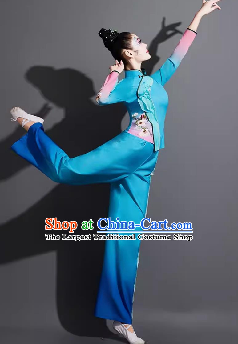 Chinese Yangko Dance Costume Traditional Fan Dance Clothing China Folk Dance Blue Outfit