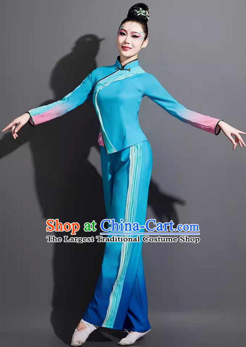 Chinese Yangko Dance Costume Traditional Fan Dance Clothing China Folk Dance Blue Outfit