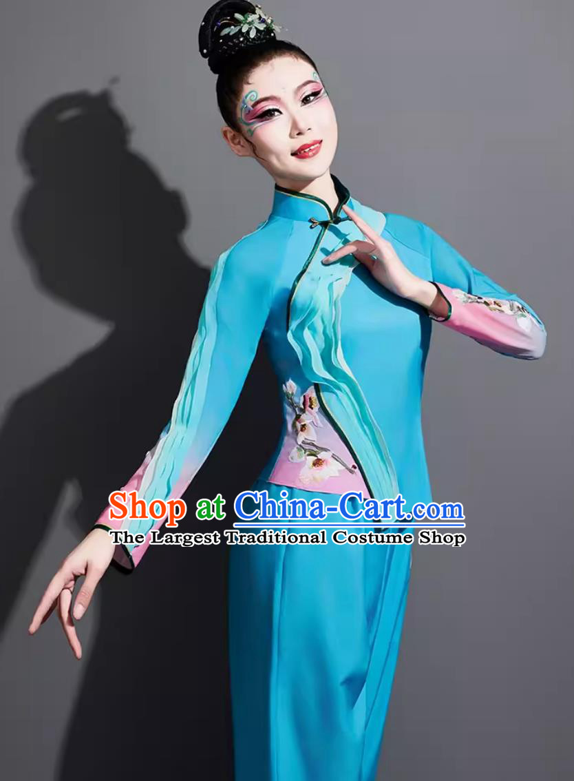 Chinese Yangko Dance Costume Traditional Fan Dance Clothing China Folk Dance Blue Outfit