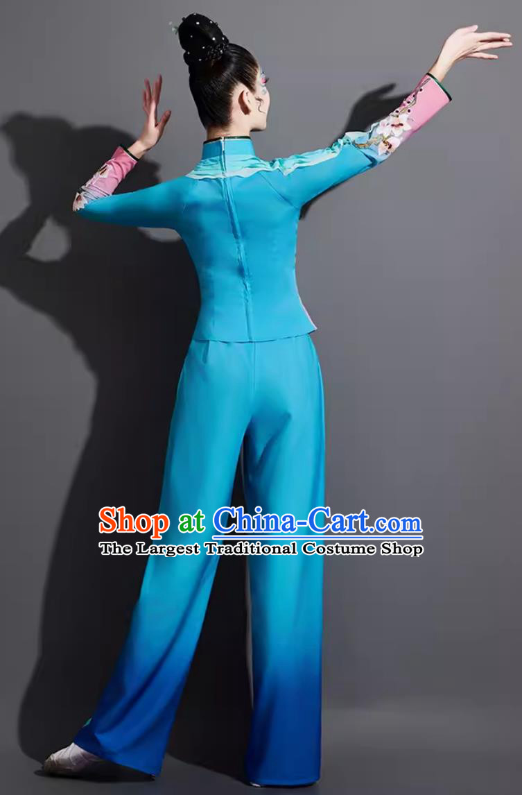 Chinese Yangko Dance Costume Traditional Fan Dance Clothing China Folk Dance Blue Outfit