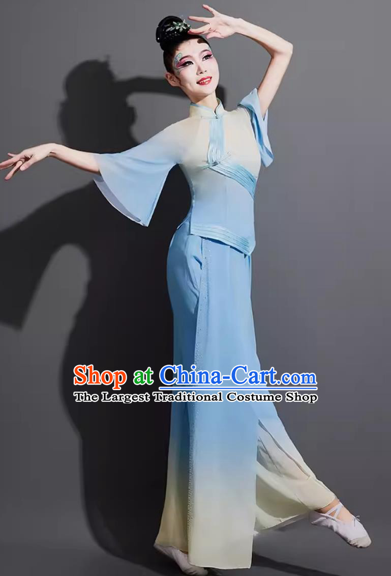 China Folk Dance Fan Dance Blue Outfit Chinese Woman Group Dance Costume Traditional Yangko Dance Clothing