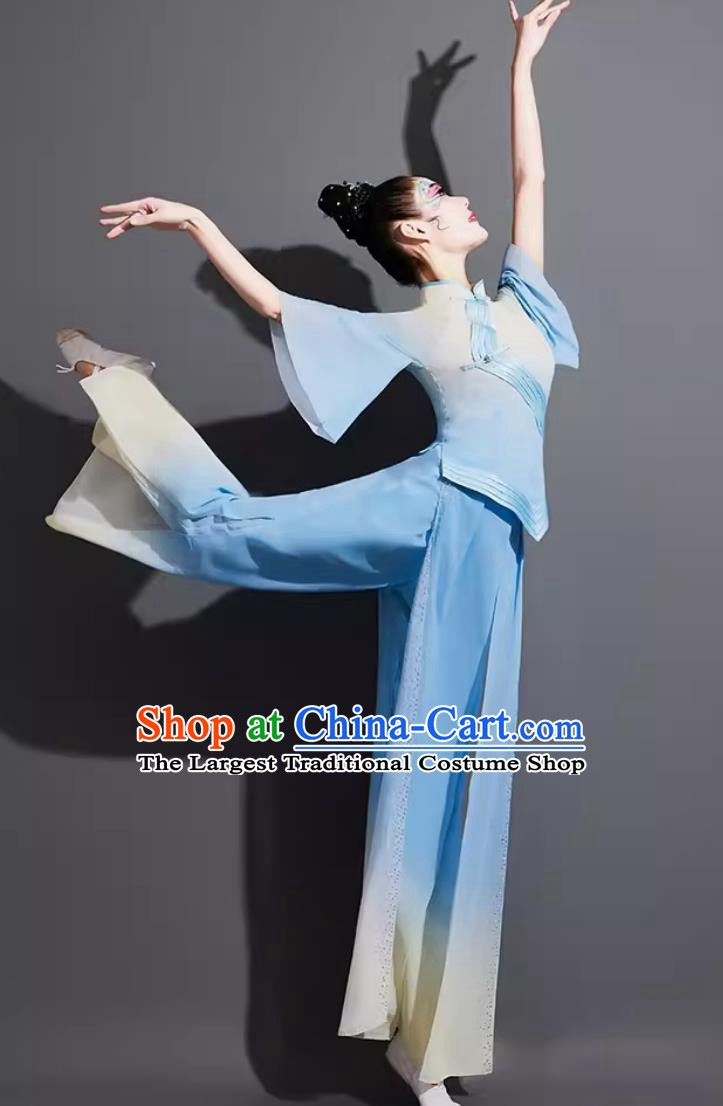 China Folk Dance Fan Dance Blue Outfit Chinese Woman Group Dance Costume Traditional Yangko Dance Clothing