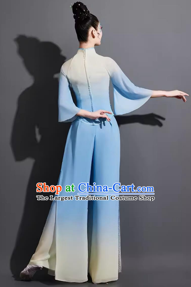 China Folk Dance Fan Dance Blue Outfit Chinese Woman Group Dance Costume Traditional Yangko Dance Clothing