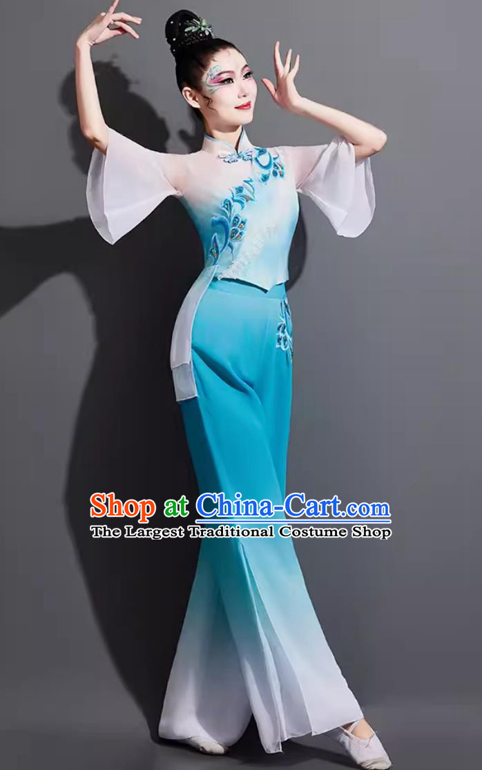 Traditional Jiaozhou Yangko Dance Clothing China Folk Dance Fan Dance Blue Outfit Chinese Danzhou Woman Group Dance Costume