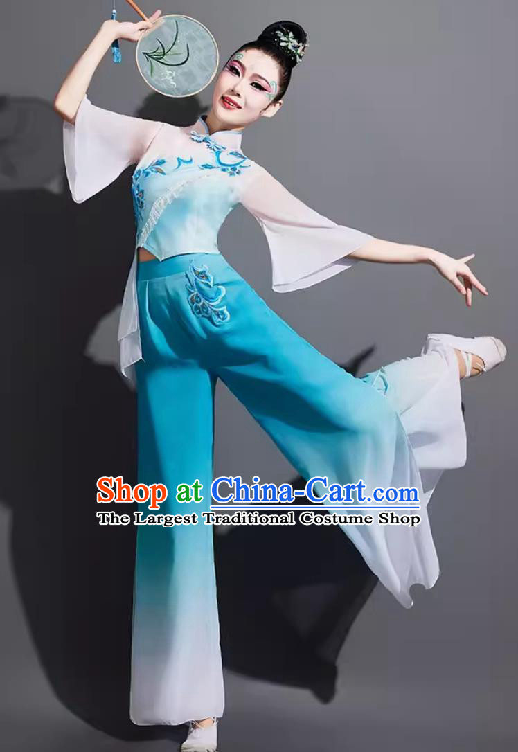 Traditional Jiaozhou Yangko Dance Clothing China Folk Dance Fan Dance Blue Outfit Chinese Danzhou Woman Group Dance Costume
