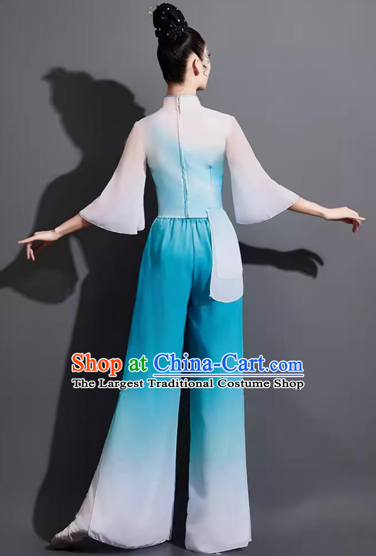 Traditional Jiaozhou Yangko Dance Clothing China Folk Dance Fan Dance Blue Outfit Chinese Danzhou Woman Group Dance Costume