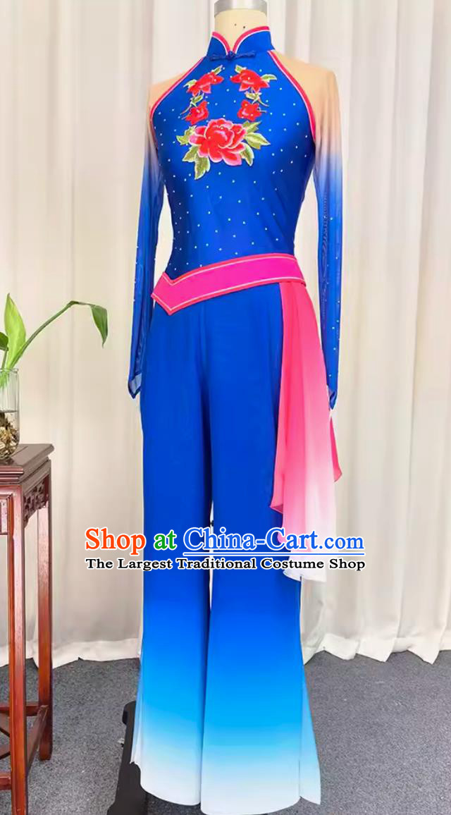 China Folk Dance Blue Outfit Chinese Woman Group Dance Costume Traditional Yangko Dance Fan Dance Clothing