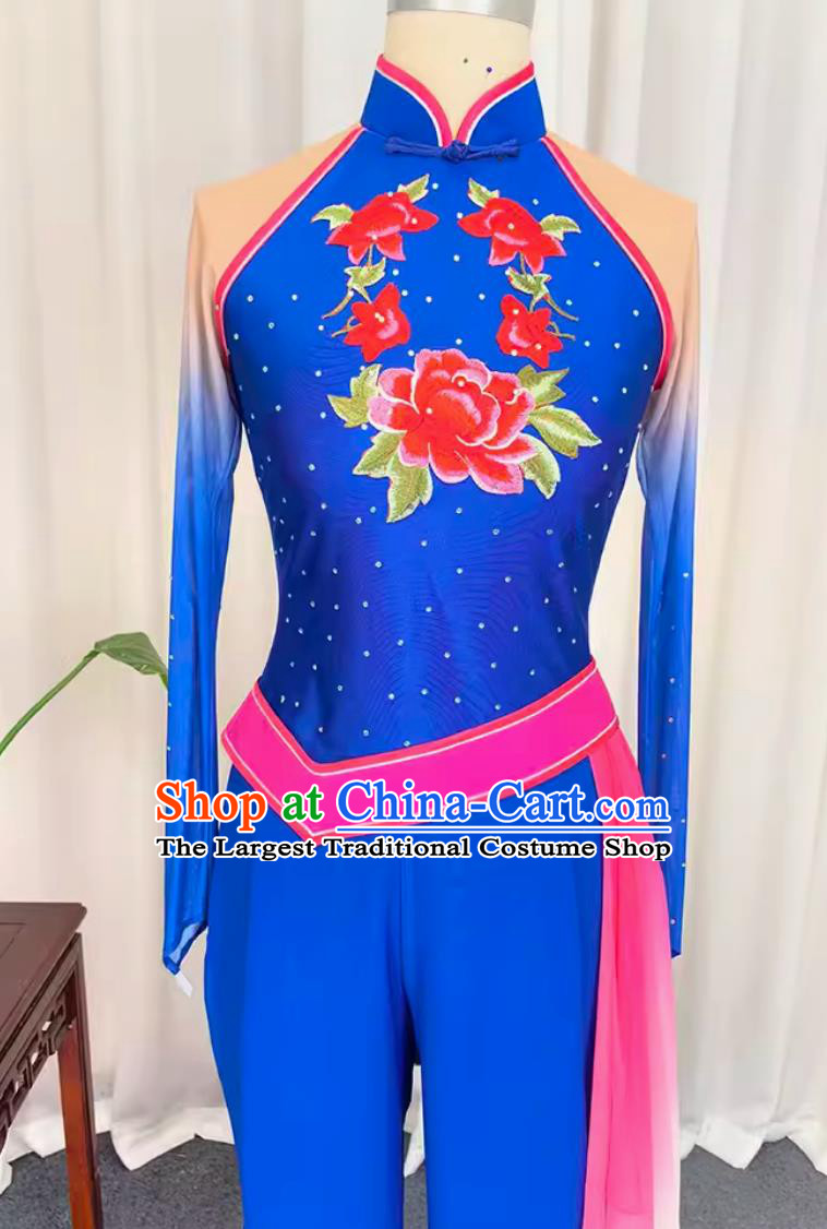China Folk Dance Blue Outfit Chinese Woman Group Dance Costume Traditional Yangko Dance Fan Dance Clothing