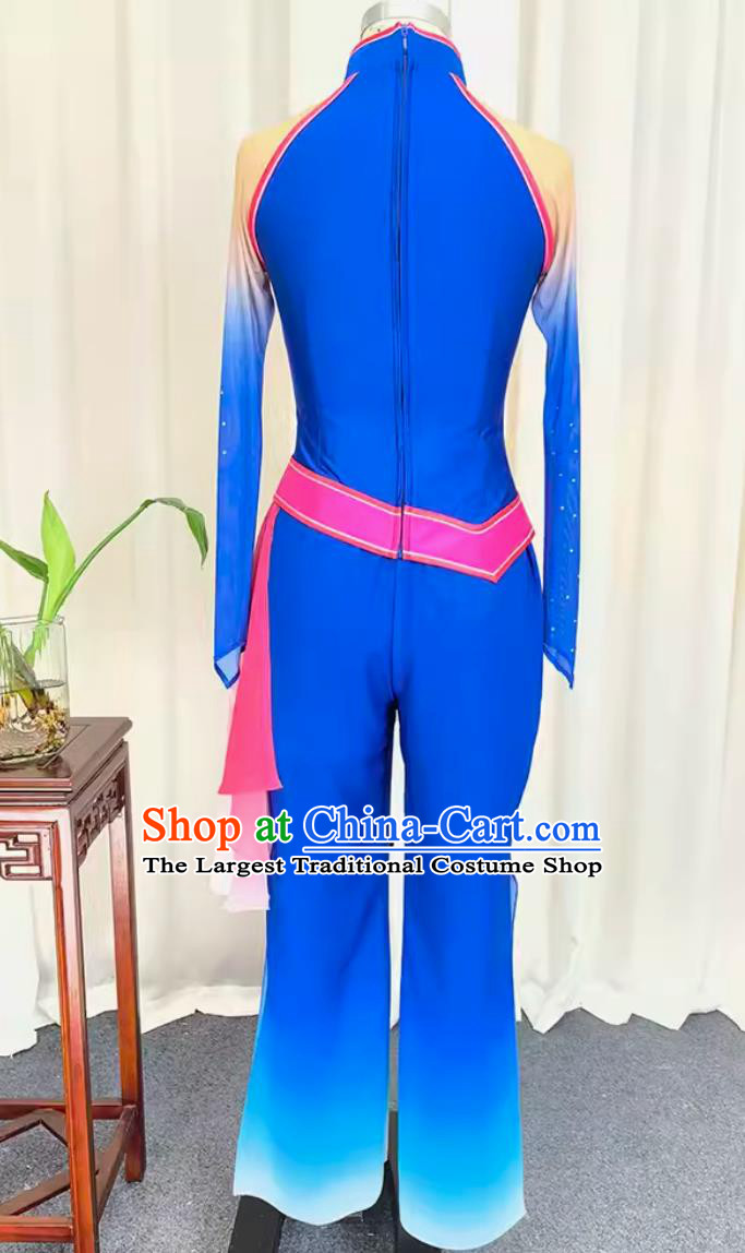 China Folk Dance Blue Outfit Chinese Woman Group Dance Costume Traditional Yangko Dance Fan Dance Clothing