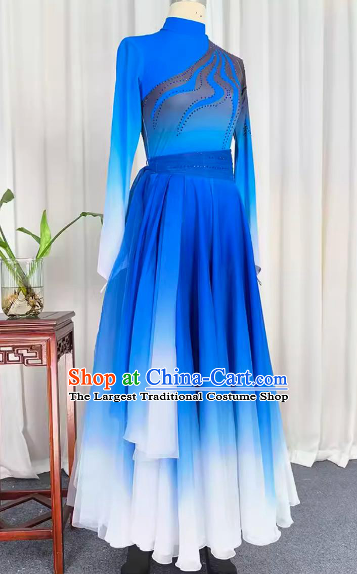 Traditional Mongolian Dance Clothing China Folk Dance Blue Dress Chinese Mongol Woman Group Dance Costume