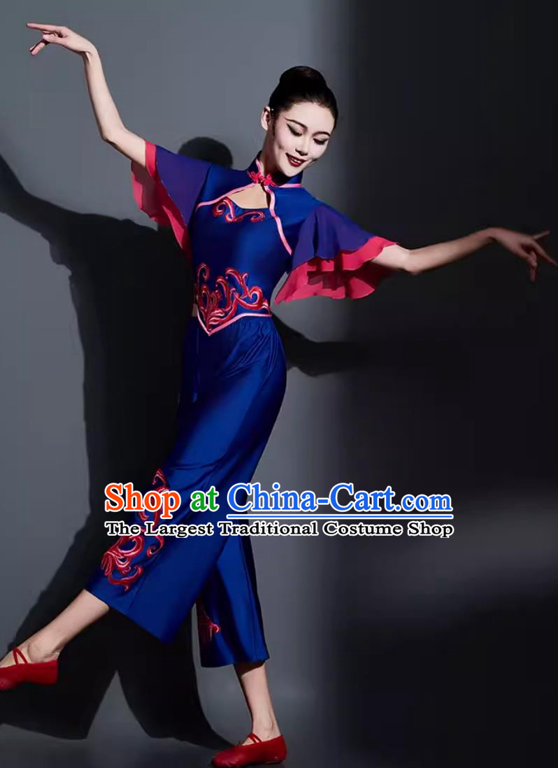 Chinese Folk Dance Costume Traditional Fan Dance Women Group Dance Clothing China Yangko Dance Deep Blue Outfit