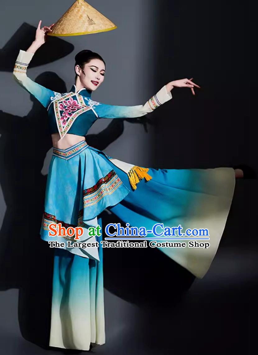 Traditional Yangge Fan Dance Women Group Dance Clothing China Yangko Dance Blue Outfit Chinese Folk Dance Costume