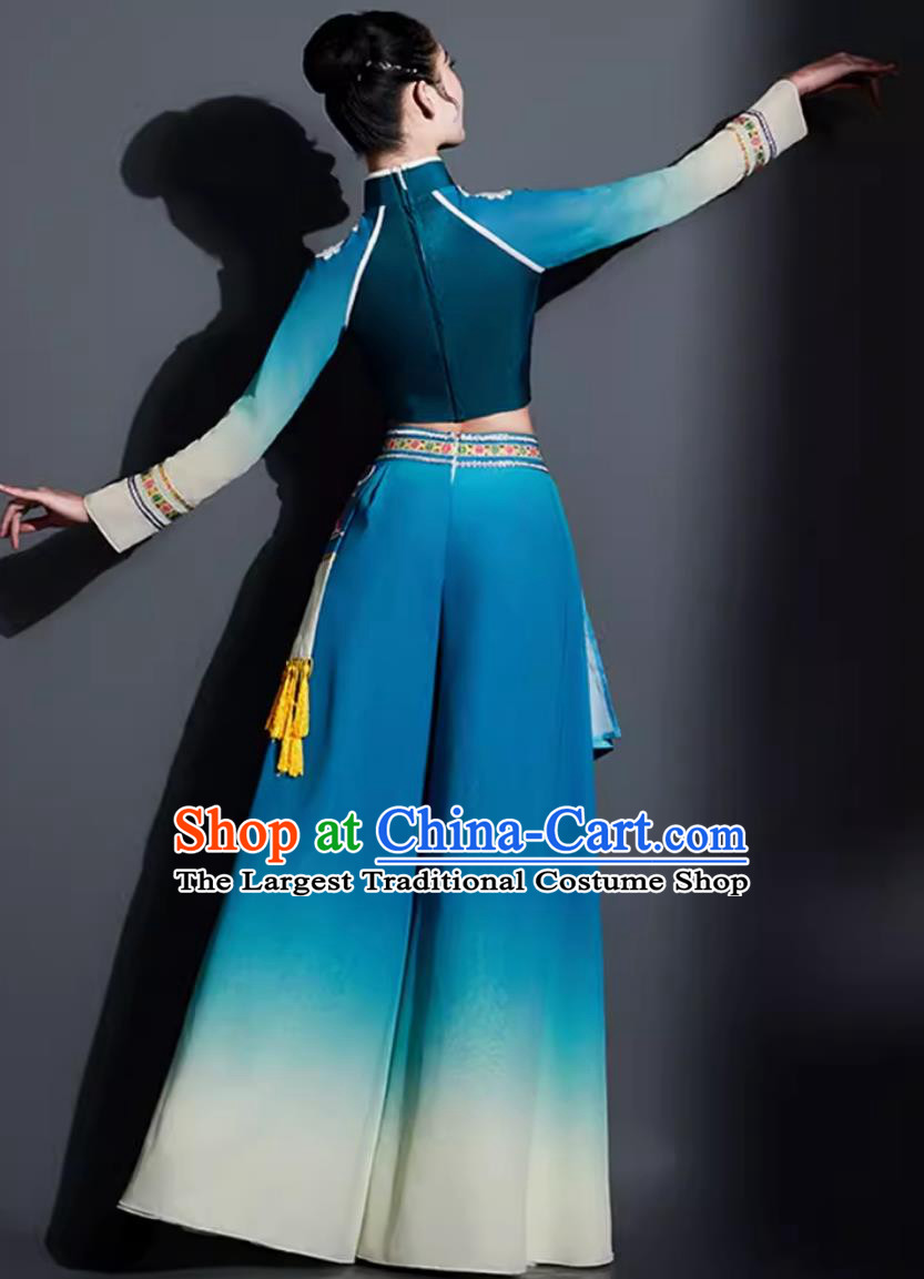 Traditional Yangge Fan Dance Women Group Dance Clothing China Yangko Dance Blue Outfit Chinese Folk Dance Costume