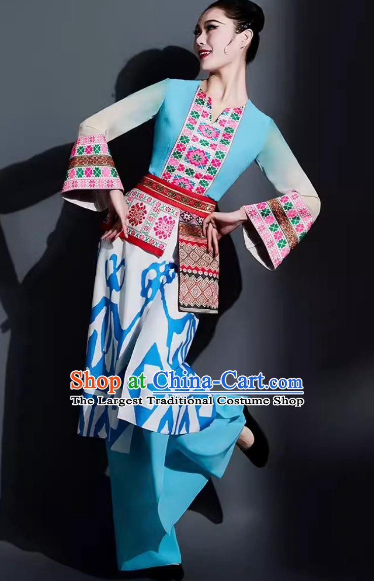 Chinese Yao Ethnic Dance Costume Traditional Yangge Fan Dance Women Group Dance Clothing China Yangko Dance Blue Outfit