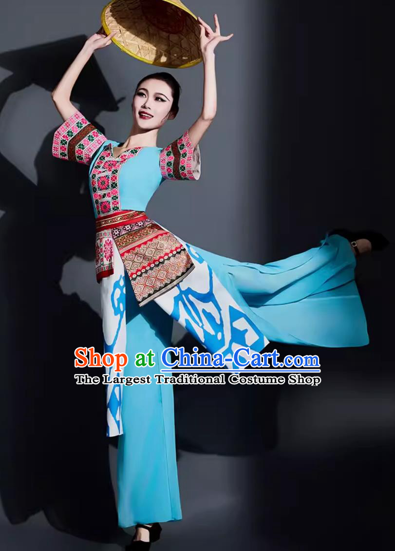 Chinese Yao Ethnic Dance Costume Traditional Yangge Fan Dance Women Group Dance Clothing China Yangko Dance Blue Outfit
