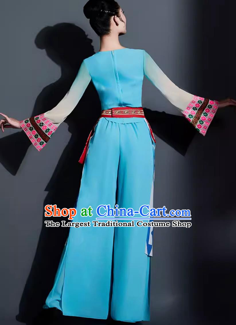 Chinese Yao Ethnic Dance Costume Traditional Yangge Fan Dance Women Group Dance Clothing China Yangko Dance Blue Outfit