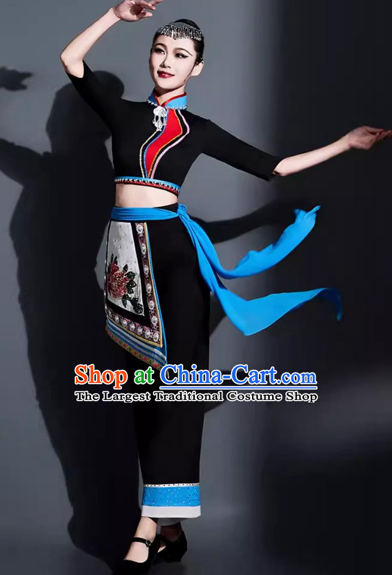 China Yangko Dance Black Outfit Chinese She Ethnic Dance Costume Traditional Fan Dance Women Group Dance Clothing