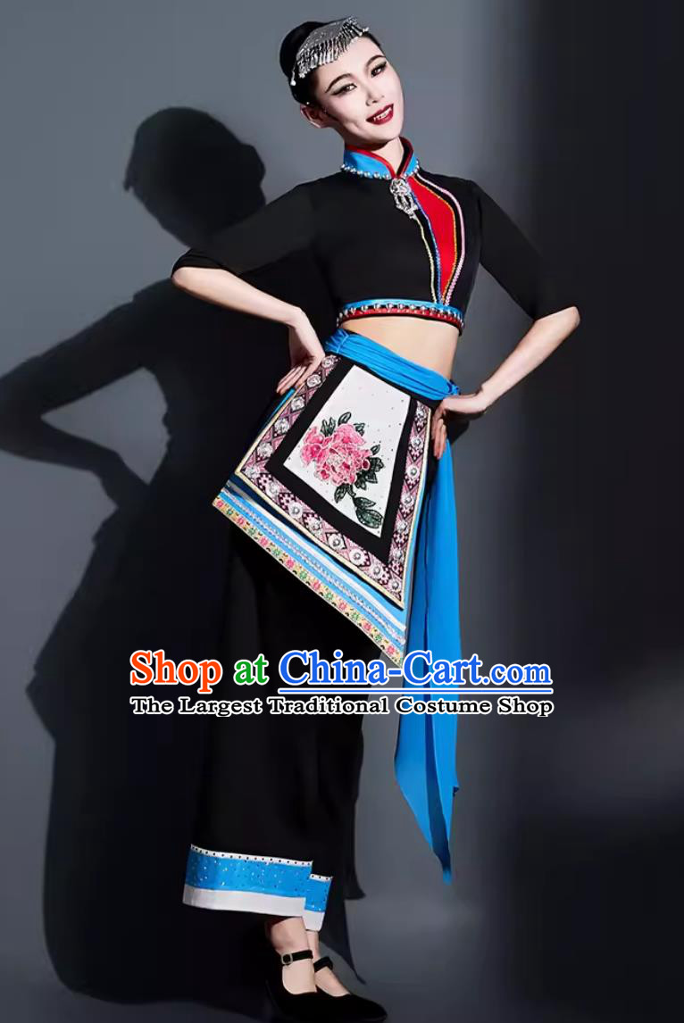China Yangko Dance Black Outfit Chinese She Ethnic Dance Costume Traditional Fan Dance Women Group Dance Clothing