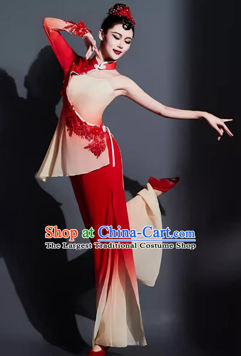 Chinese Fan Dance Costume Traditional Yangko Dance Women Group Dance Clothing China Folk Dance Red Outfit
