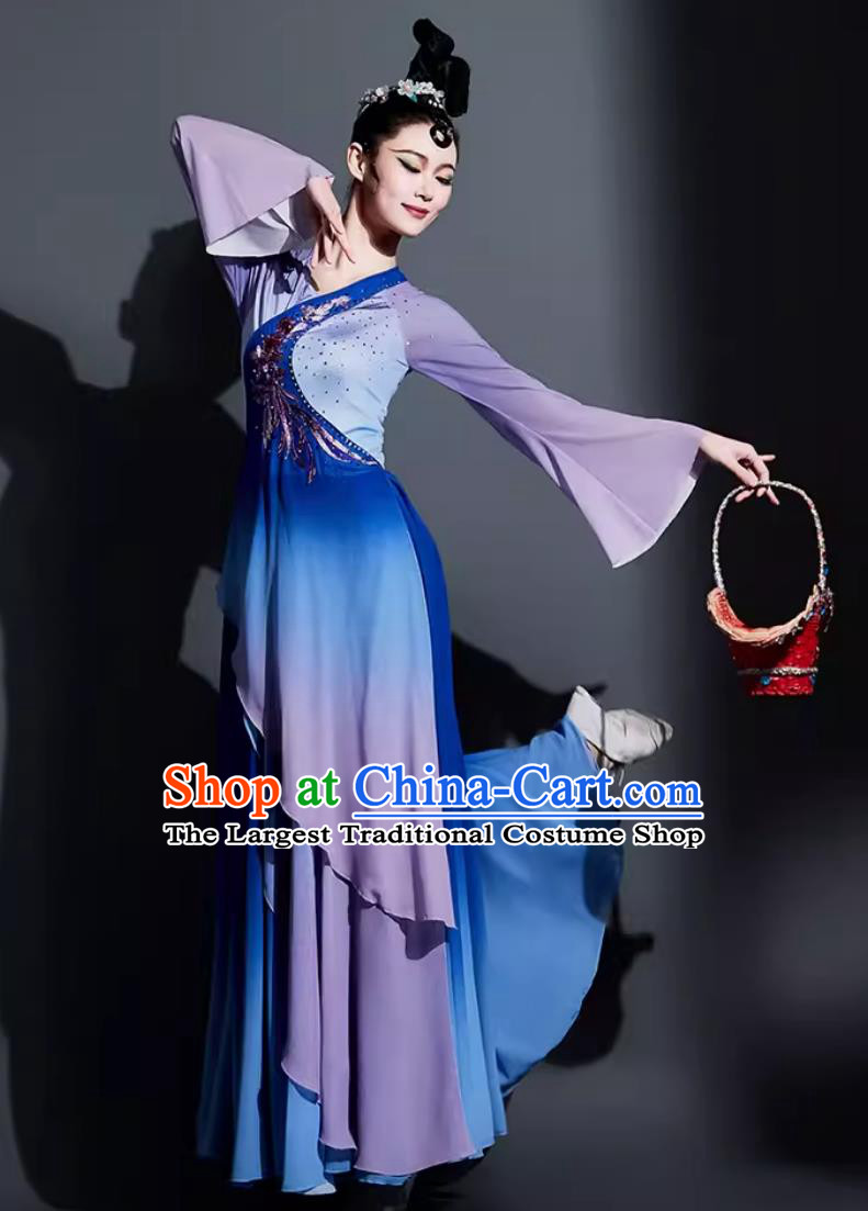 Chinese Dance Contest Costume Traditional Umbrella Dance Clothing China Classical Dance Blue Dress