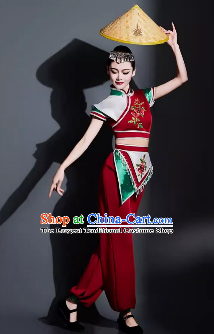 Chinese Bamboo Hat Dance Costume Traditional Yangko Dance Fan Dance Clothing China Folk Dance Outfit