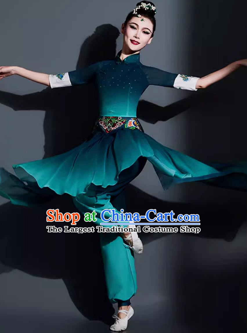 China Folk Dance Dark Green Outfit Chinese Umbrella Dance Coral Ode Costume Traditional Yangko Dance Fan Dance Clothing