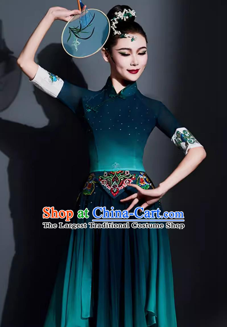 China Folk Dance Dark Green Outfit Chinese Umbrella Dance Coral Ode Costume Traditional Yangko Dance Fan Dance Clothing