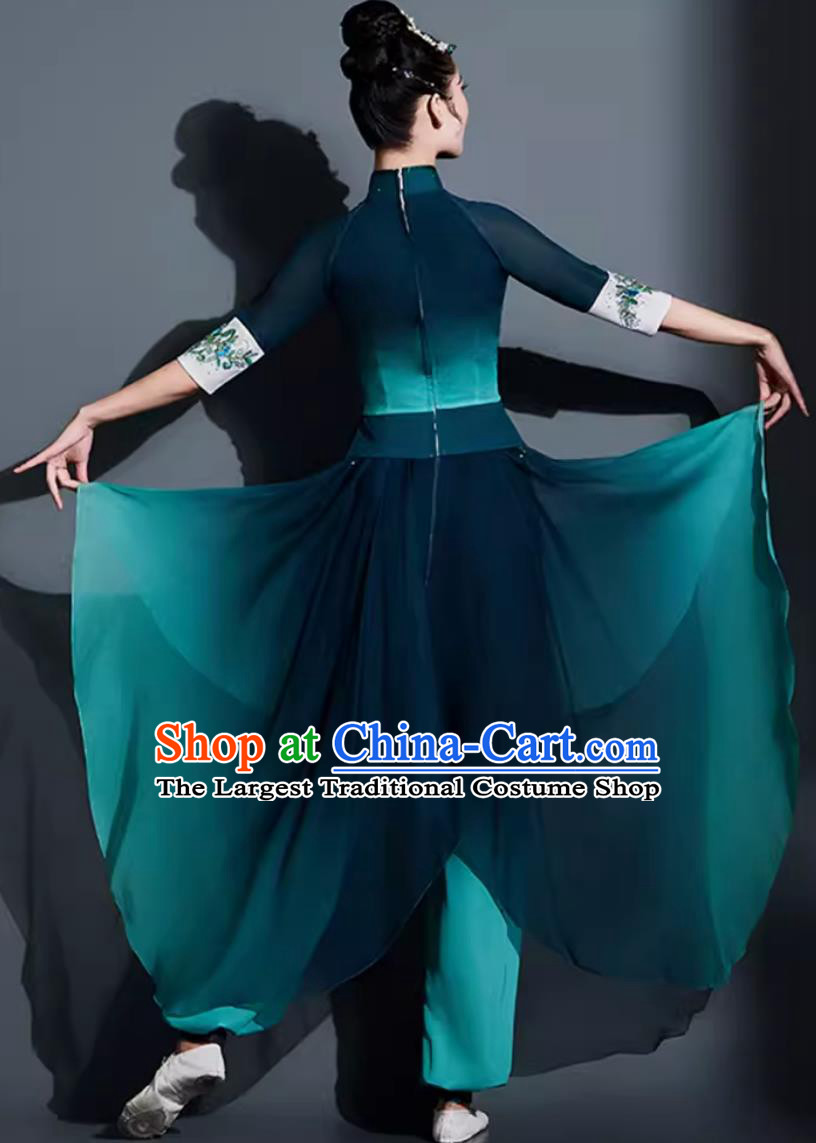 China Folk Dance Dark Green Outfit Chinese Umbrella Dance Coral Ode Costume Traditional Yangko Dance Fan Dance Clothing