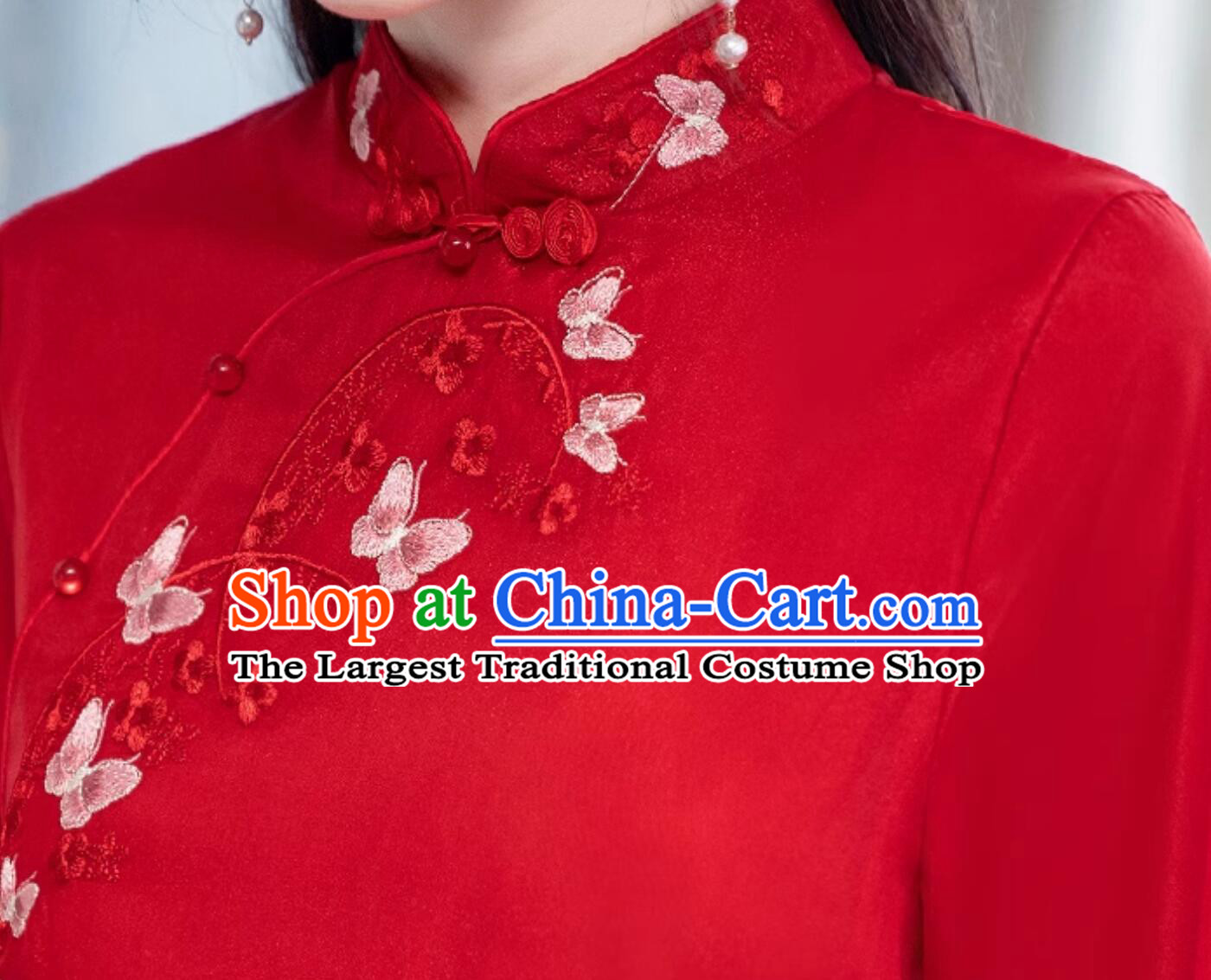 Chinese Modern Qipao Clothing Embroidered Butterfly Red Dress China Style Cheongsam