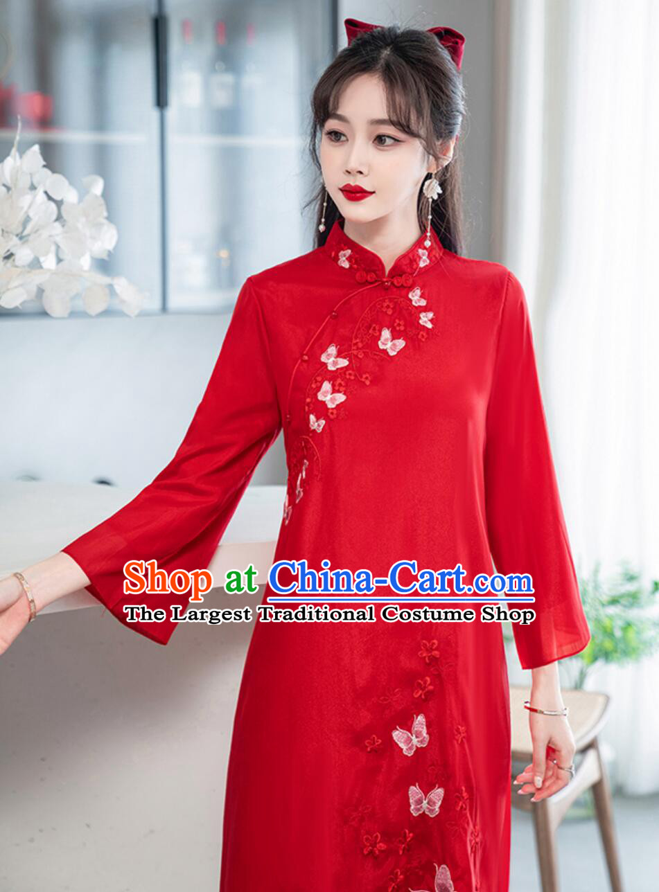 Chinese Modern Qipao Clothing Embroidered Butterfly Red Dress China Style Cheongsam