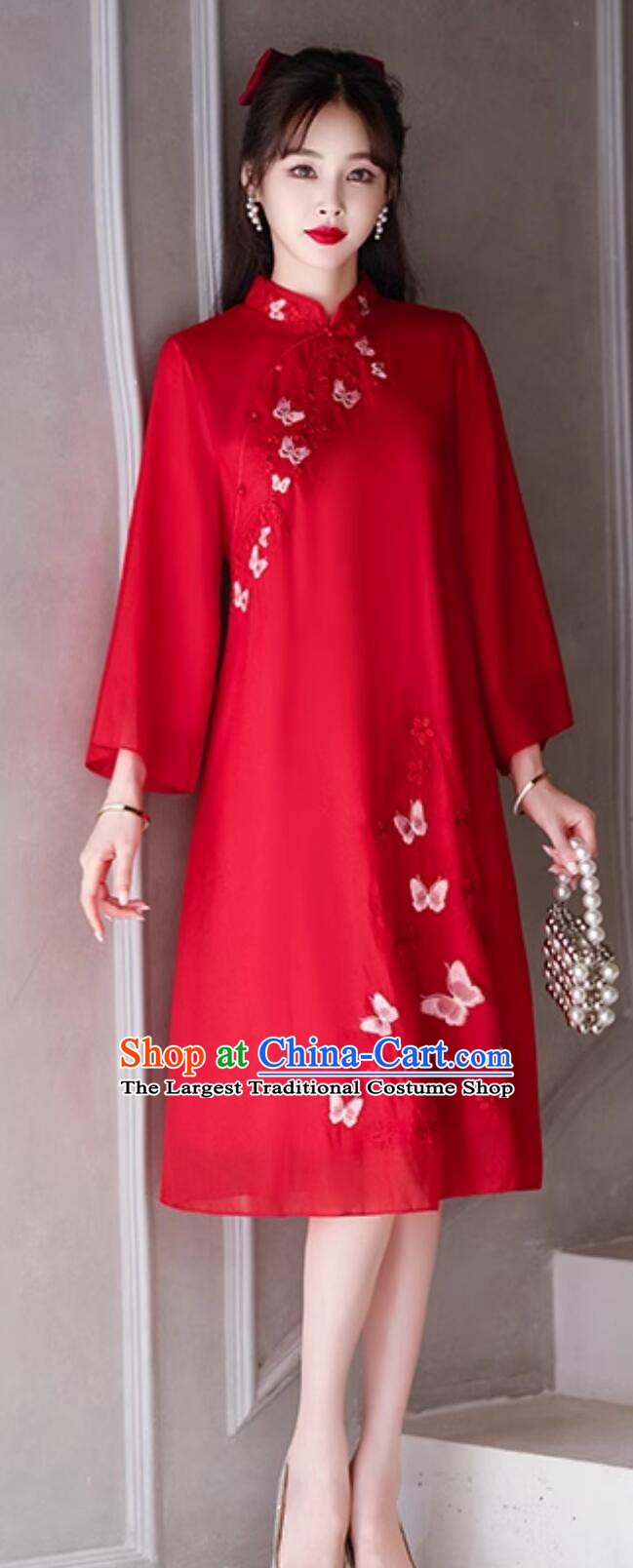 Chinese Modern Qipao Clothing Embroidered Butterfly Red Dress China Style Cheongsam