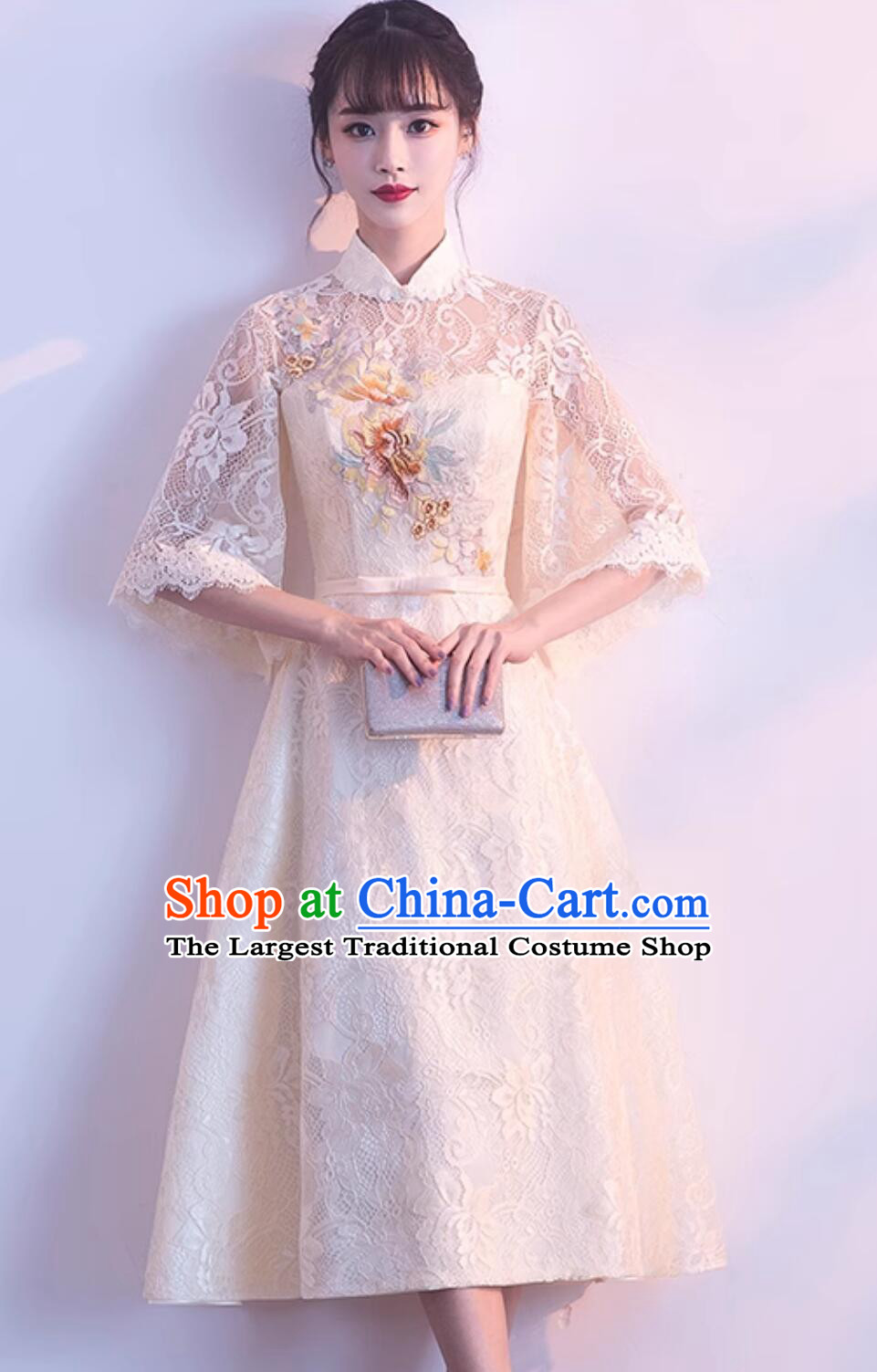 China Embroidered Lace Qipao Dress Modern Light Champagne Cheongsam Traditional Chinese Clothing