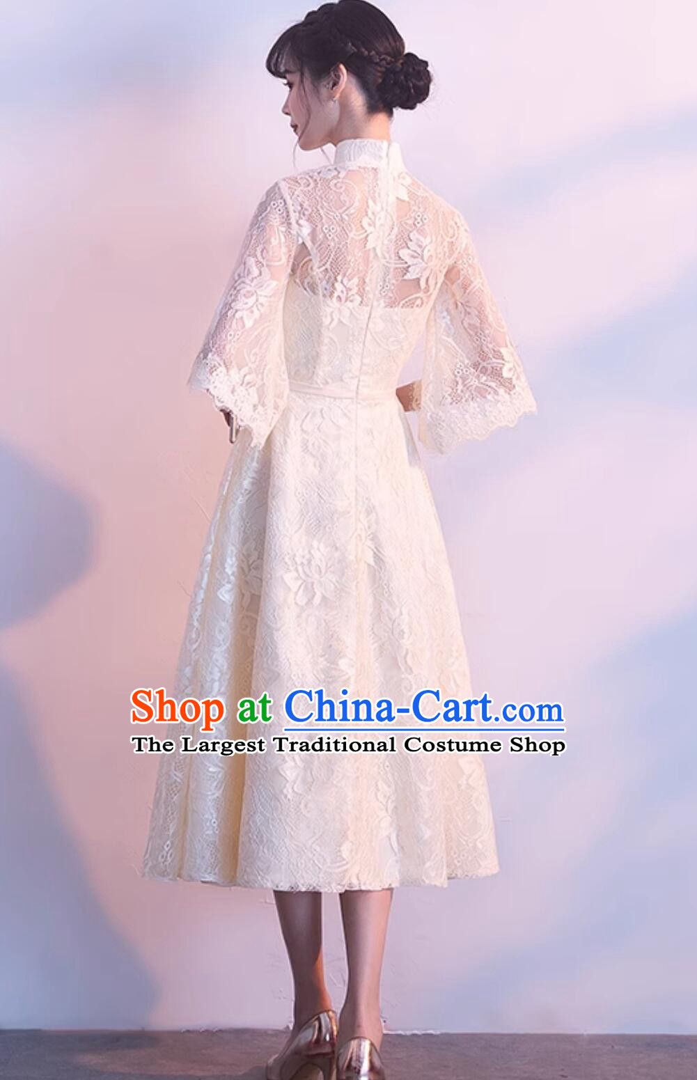 China Embroidered Lace Qipao Dress Modern Light Champagne Cheongsam Traditional Chinese Clothing