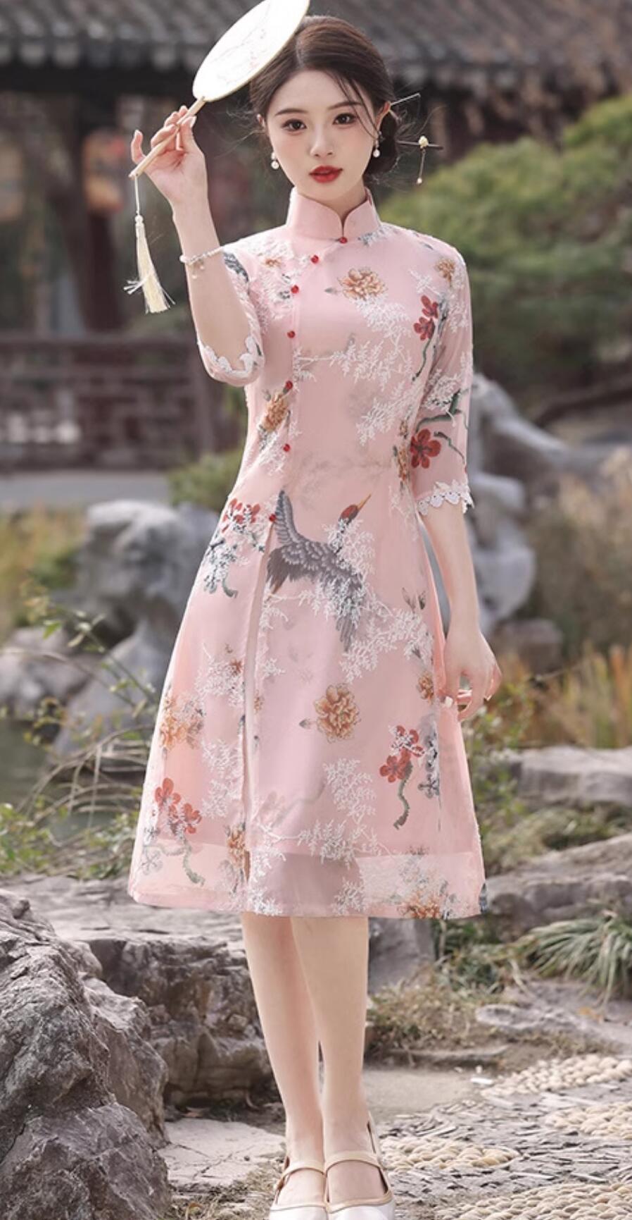 Traditional Chinese Clothing China Aodai Qipao Dress Modern Pink Cheongsam