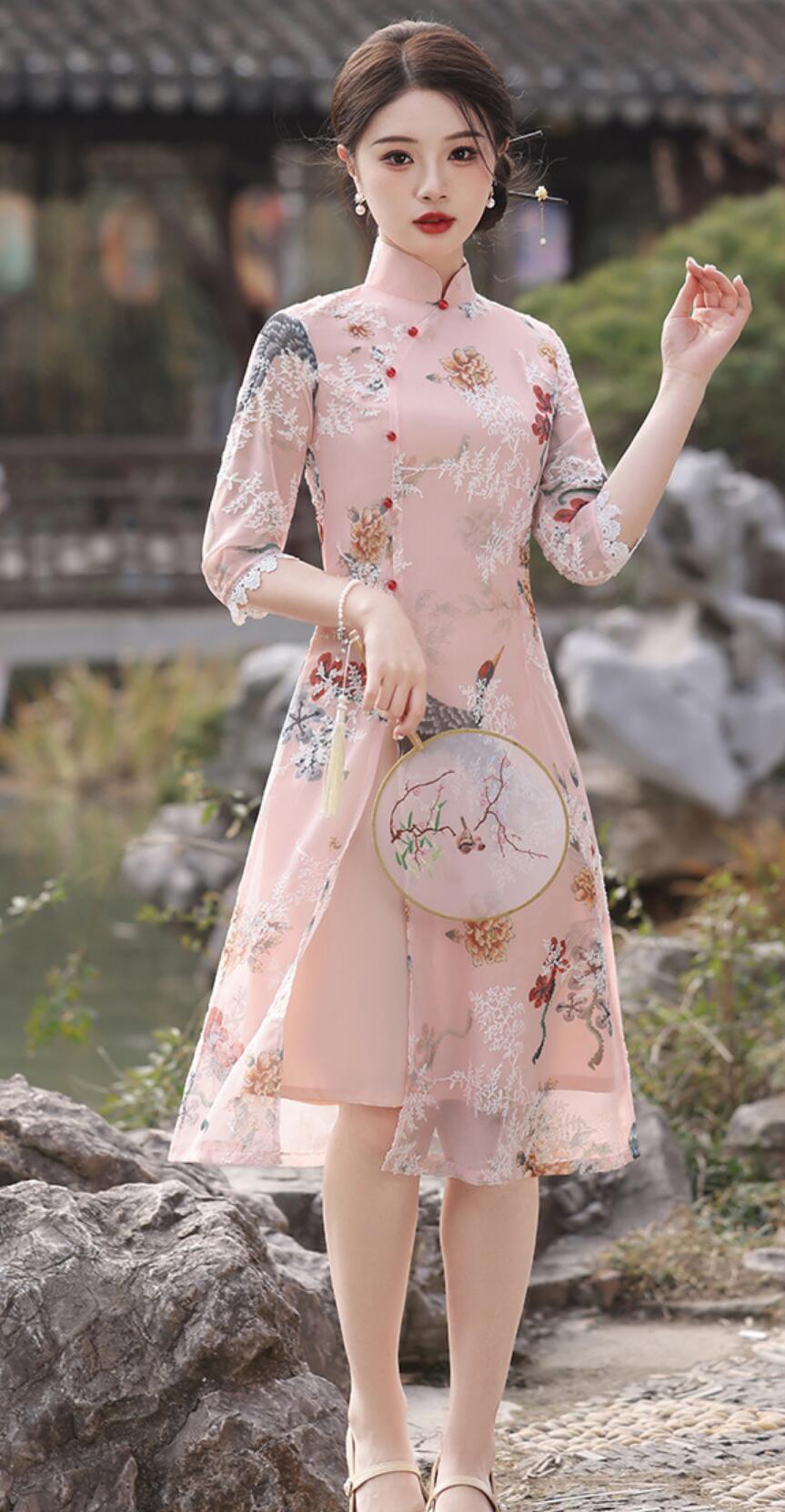 Traditional Chinese Clothing China Aodai Qipao Dress Modern Pink Cheongsam