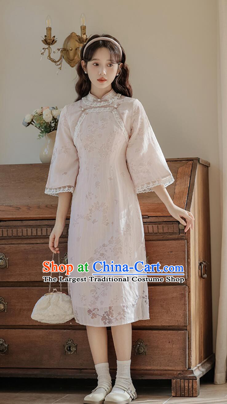 Modern Light Pink Cheongsam Traditional Chinese Clothing China Middle Sleeve Qipao Dress