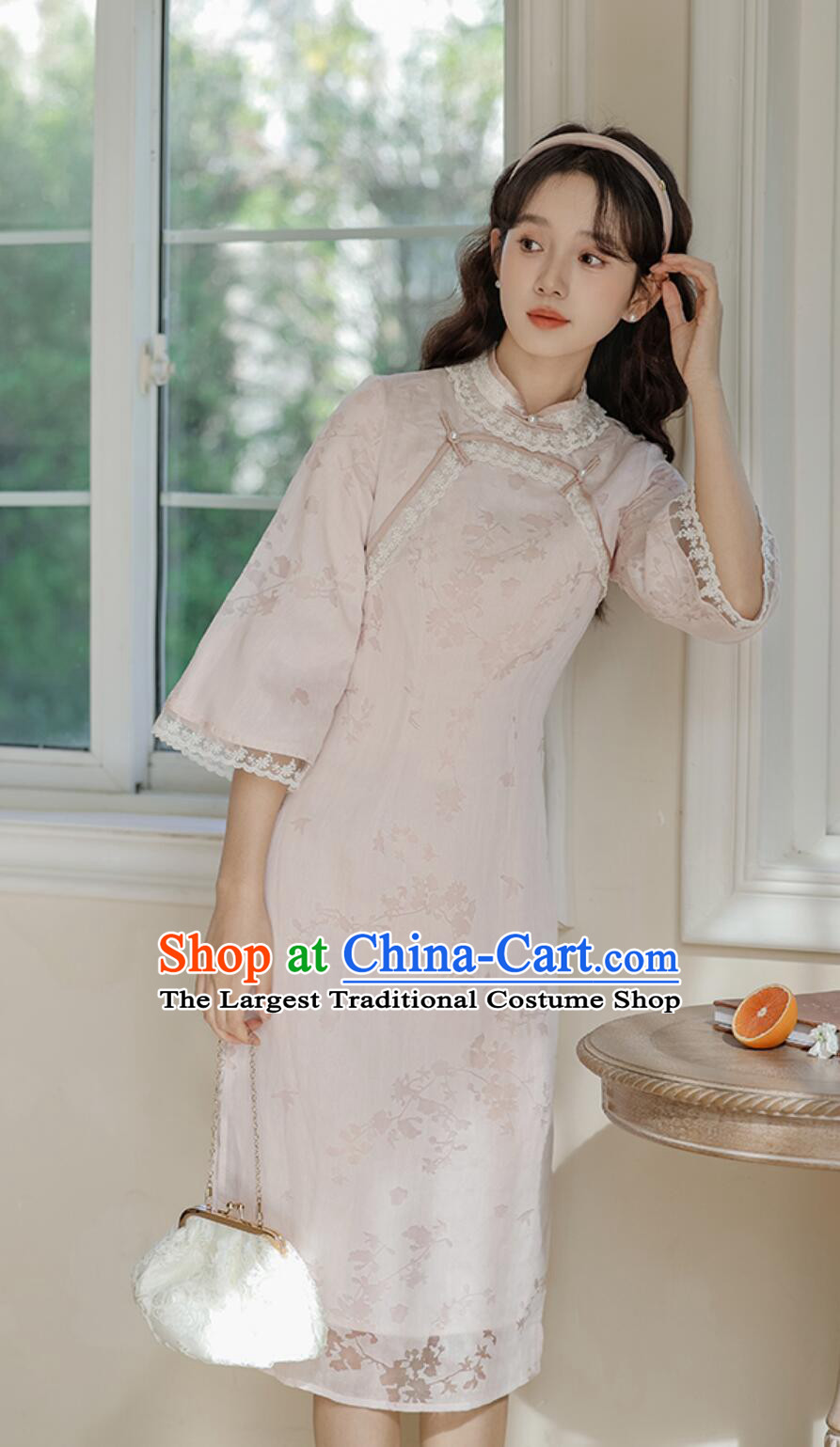 Modern Light Pink Cheongsam Traditional Chinese Clothing China Middle Sleeve Qipao Dress