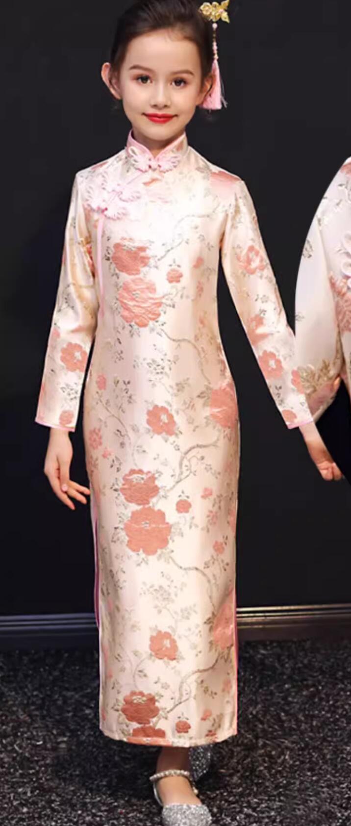 Traditional Chinese Clothing Classical Qipao China Cheongsam Long Sleeve Pink Dress