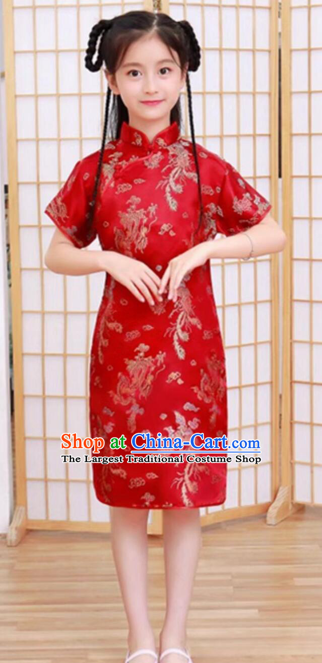 China Short Sleeve Red Dress Traditional Chinese Clothing Classical Qipao Festival Cheongsam