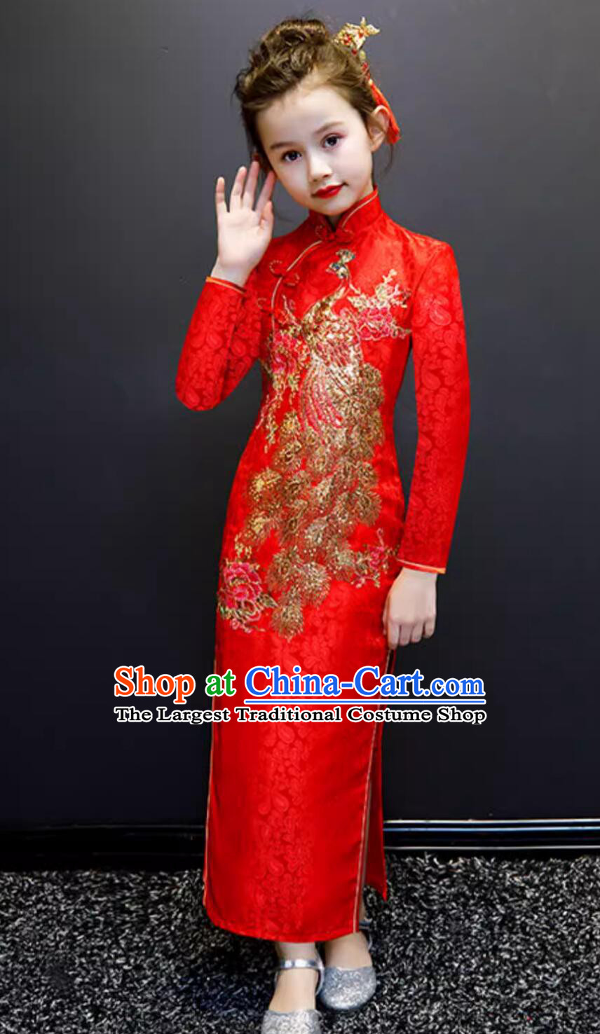 China Embroidered Red Dress Traditional Chinese Clothing Children Qipao Stage Dance Cheongsam