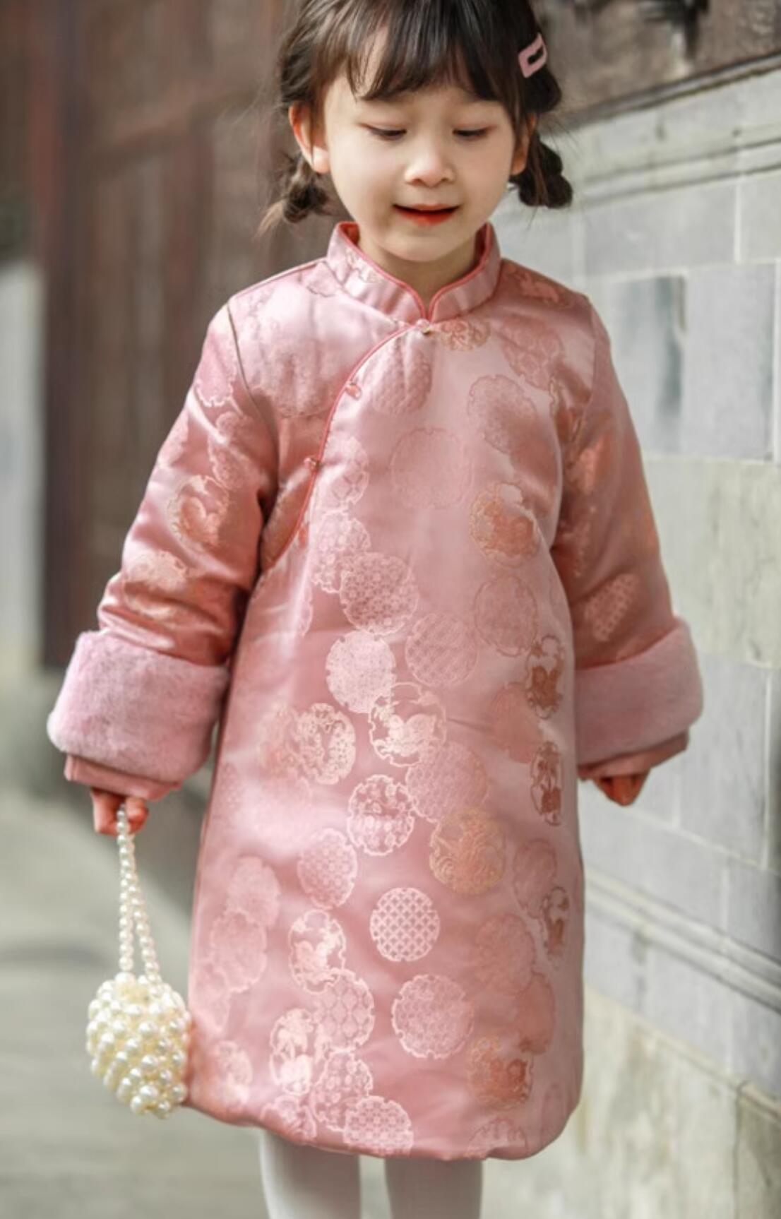 Winter Warm Cheongsam China Pink Dress Traditional Chinese Clothing Children Qipao