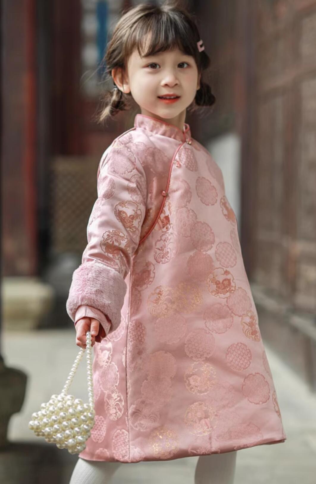 Winter Warm Cheongsam China Pink Dress Traditional Chinese Clothing Children Qipao