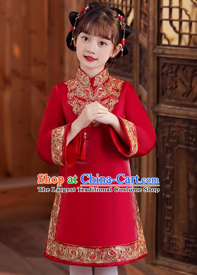China New Year Red Cheongsam Classical Dress Traditional Chinese Clothing Children Qipao