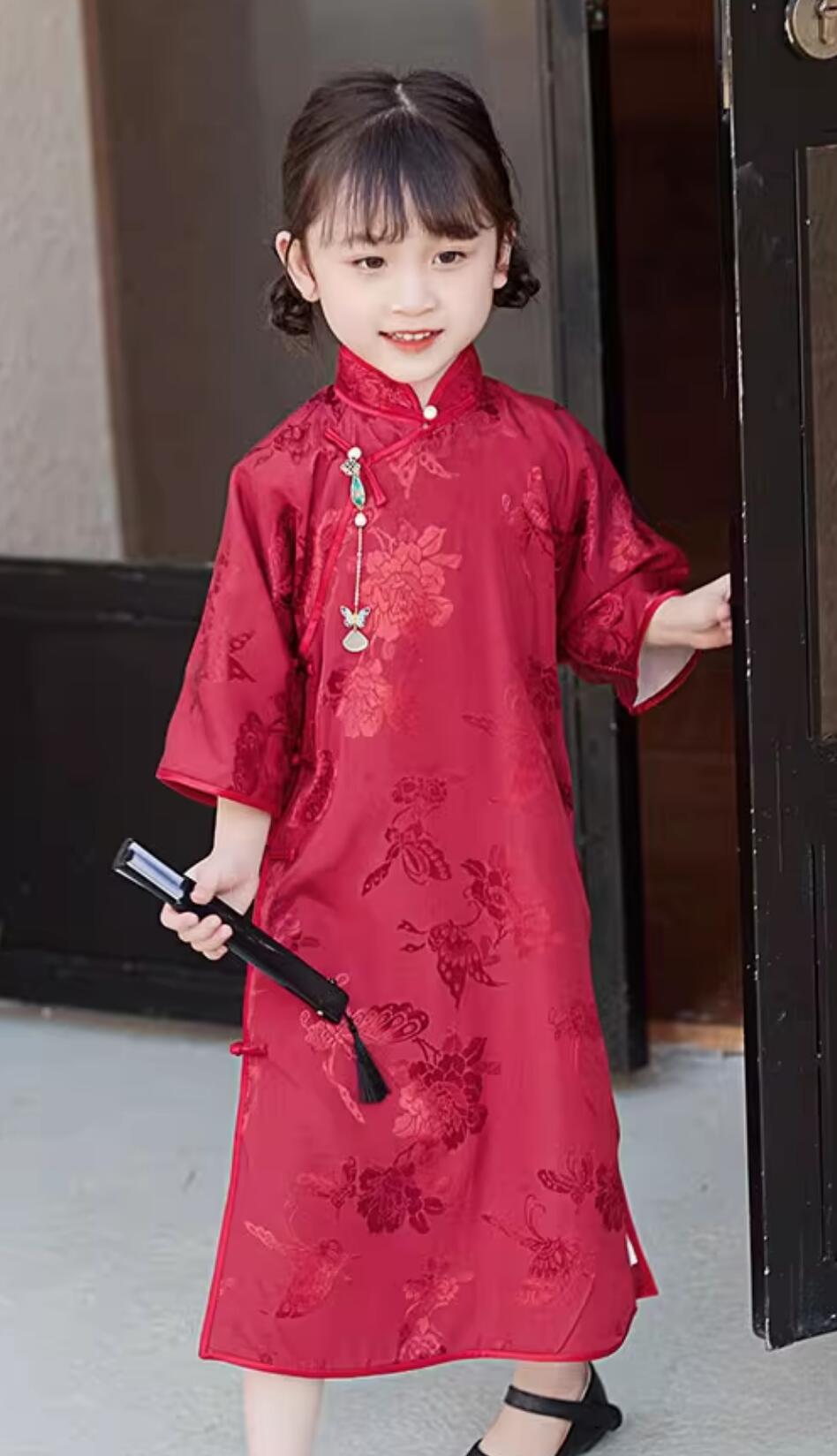 China Children Qipao Red Cheongsam Classical Dress Traditional Chinese Clothing